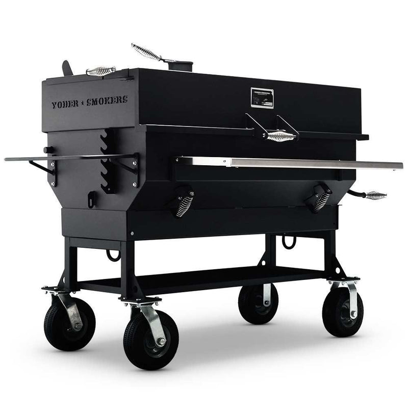 Yoder Smokers: 24 x 48  Standard + 5-Position Adjustable Charcoal Basket + Dual Adjustable Air Vents + Stainless Steel Front Shelf + 8-Inch Tires