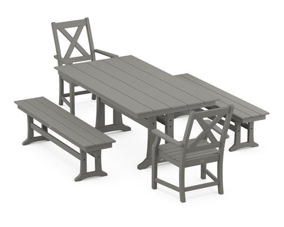 Polywood: Braxton 5-Piece Rectangle Farmhouse Dining Set With Trestle Legs and Benches