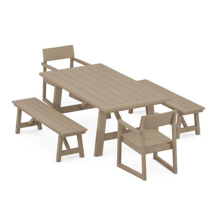 Polywood: EDGE 5-Piece Rustic Farmhouse Dining Set With Benches