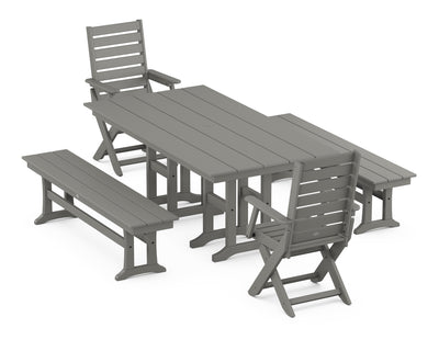 Polywood: Captain Folding Chair 5-Piece Farmhouse Dining Set with Benches