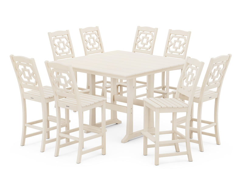 Polywood: Chinoiserie 9-Piece Square Farmhouse Side Chair Bar Set with Trestle Legs