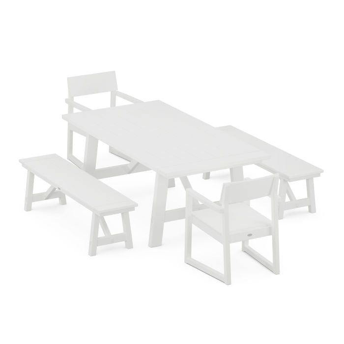 Polywood: EDGE 5-Piece Rustic Farmhouse Dining Set With Benches