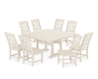 Polywood: Chinoiserie 9-Piece Square Side Chair Dining Set with Trestle Legs