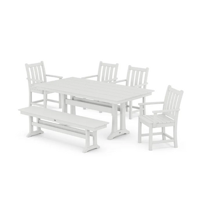 Polywood: Traditional Garden Arm Chair 6-Piece Farmhouse Dining Set with Trestle Legs and Bench