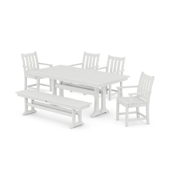 Polywood: Traditional Garden Arm Chair 6-Piece Farmhouse Dining Set with Trestle Legs and Bench