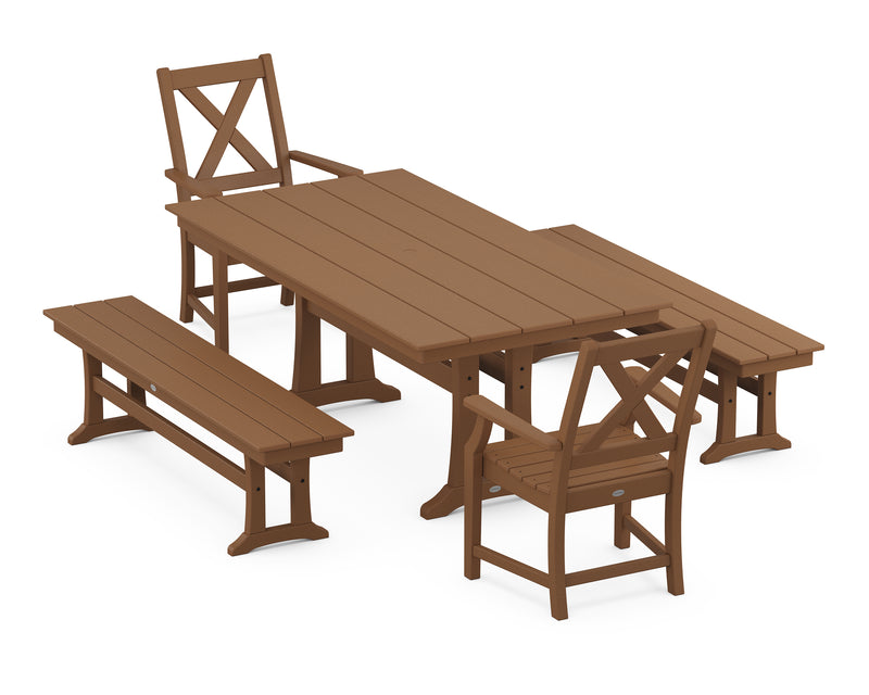 Polywood: Braxton 5-Piece Rectangle Farmhouse Dining Set With Trestle Legs and Benches