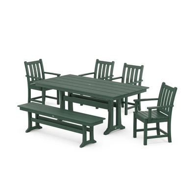 Polywood: Traditional Garden Arm Chair 6-Piece Farmhouse Dining Set with Trestle Legs and Bench