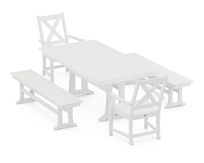Polywood: Braxton 5-Piece Rectangle Farmhouse Dining Set With Trestle Legs and Benches