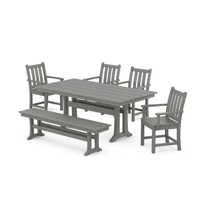 Polywood: Traditional Garden Arm Chair 6-Piece Farmhouse Dining Set with Trestle Legs and Bench