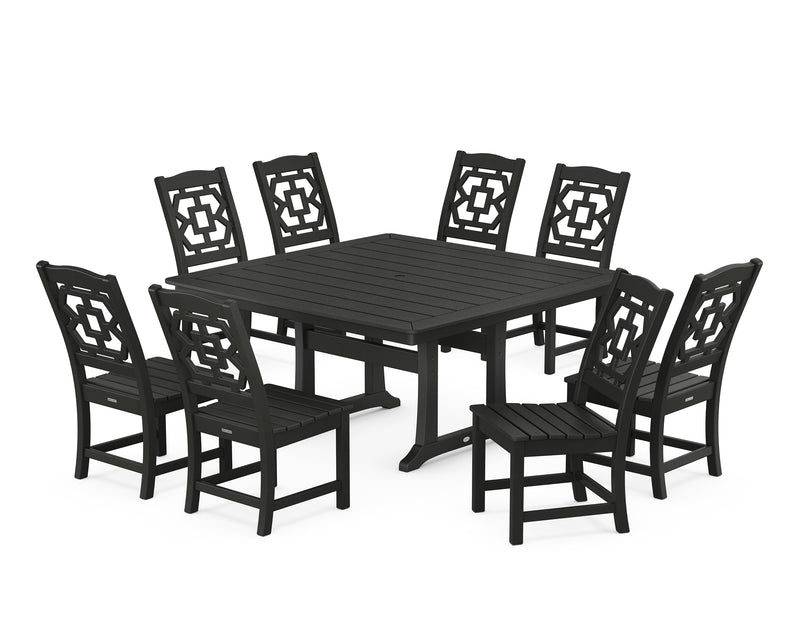 Polywood: Chinoiserie 9-Piece Square Side Chair Dining Set with Trestle Legs