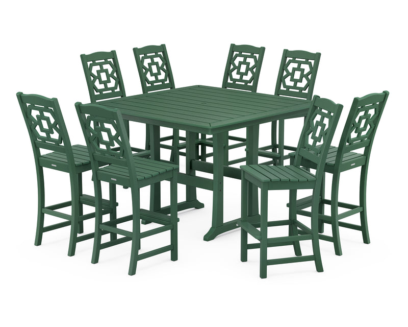 Polywood: Chinoiserie 9-Piece Square Side Chair Bar Set with Trestle Legs