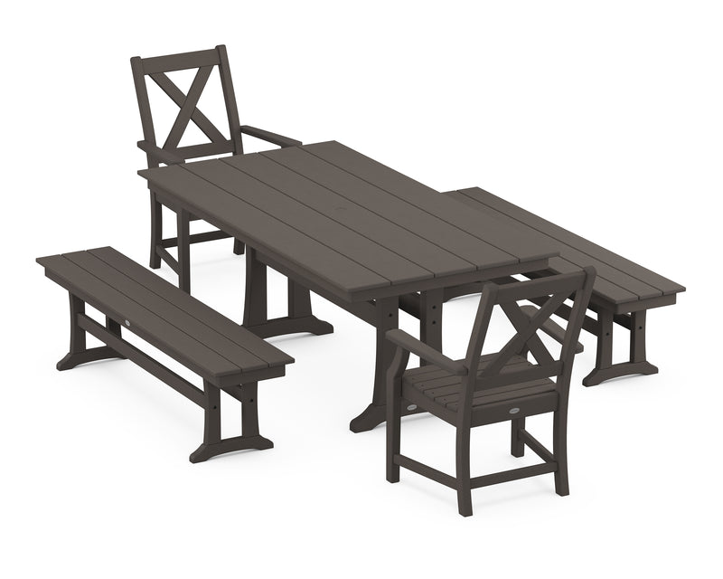 Polywood: Braxton 5-Piece Rectangle Farmhouse Dining Set With Trestle Legs and Benches