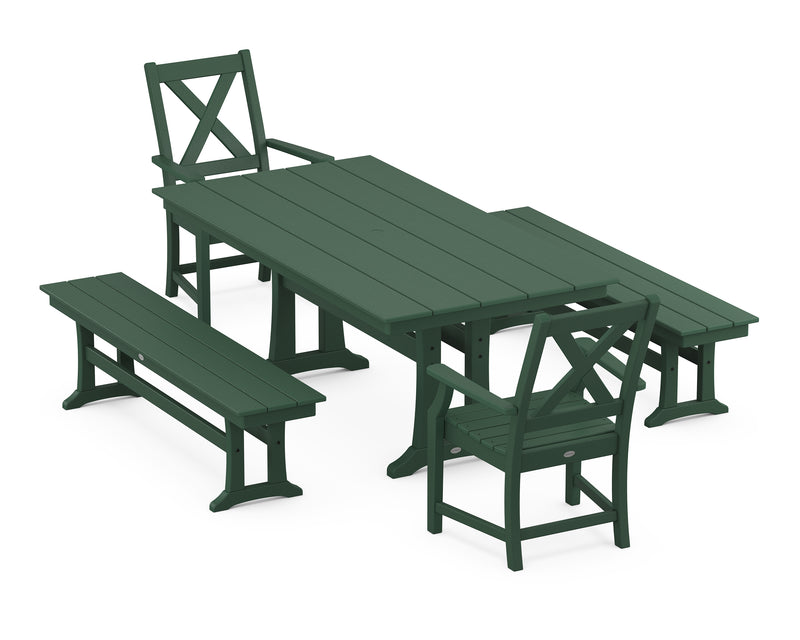 Polywood: Braxton 5-Piece Rectangle Farmhouse Dining Set With Trestle Legs and Benches