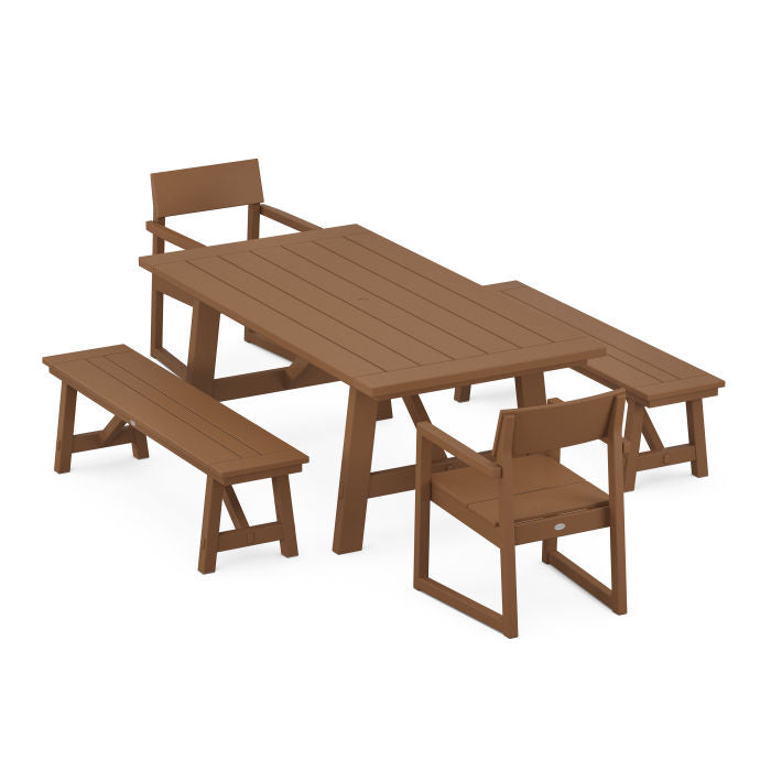 Polywood: EDGE 5-Piece Rustic Farmhouse Dining Set With Benches