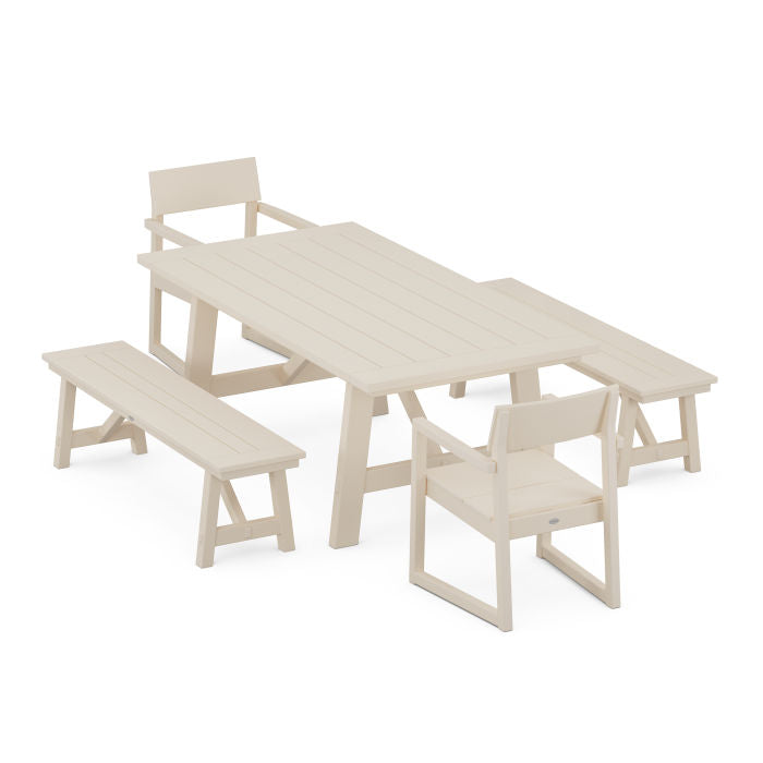 Polywood: EDGE 5-Piece Rustic Farmhouse Dining Set With Benches