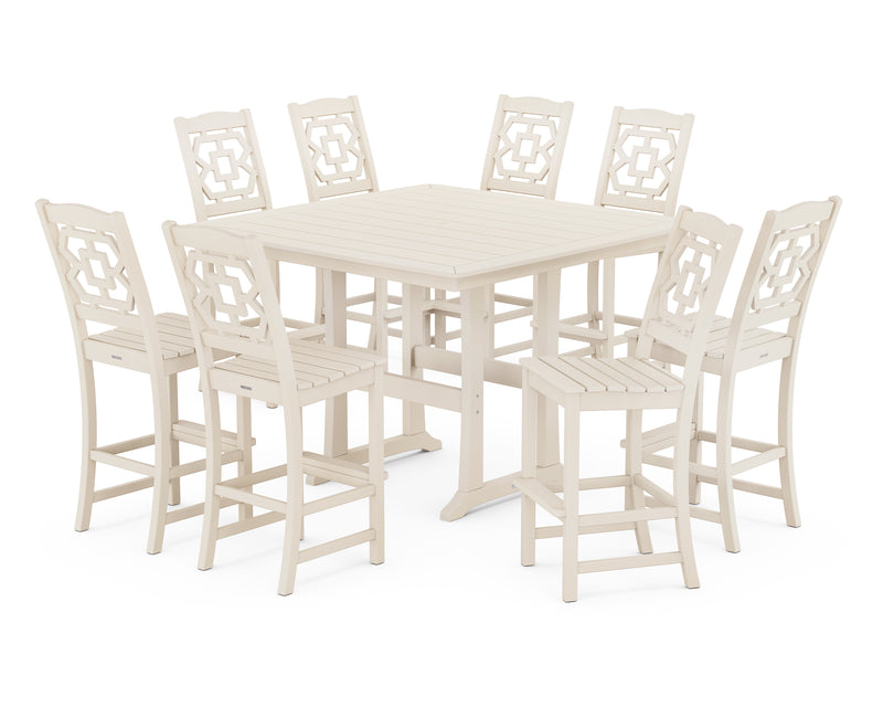 Polywood: Chinoiserie 9-Piece Square Side Chair Bar Set with Trestle Legs