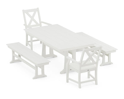 Polywood: Braxton 5-Piece Rectangle Farmhouse Dining Set With Trestle Legs and Benches