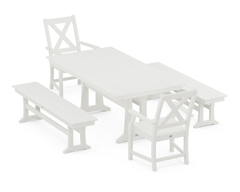 Polywood: Braxton 5-Piece Rectangle Farmhouse Dining Set With Trestle Legs and Benches