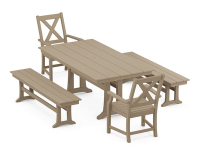 Polywood: Braxton 5-Piece Rectangle Farmhouse Dining Set With Trestle Legs and Benches