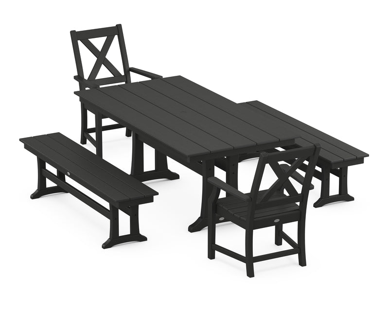 Polywood: Braxton 5-Piece Rectangle Farmhouse Dining Set With Trestle Legs and Benches