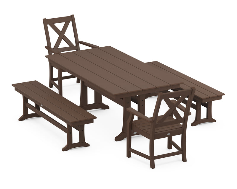 Polywood: Braxton 5-Piece Rectangle Farmhouse Dining Set With Trestle Legs and Benches