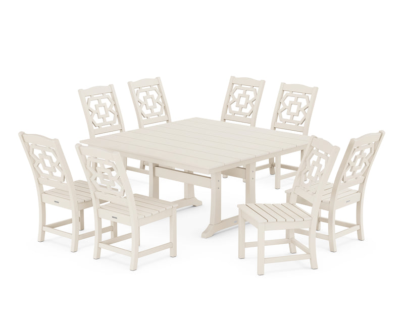 Polywood: Chinoiserie 9-Piece Square Farmhouse Side Chair Dining Set with Trestle Legs