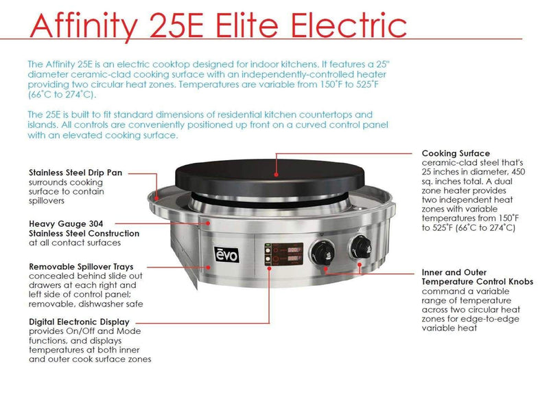 Evo Grills: Affinity 25E Indoor Drop-In with Seasoned Cooktop 208V-230V 30AMP Electric - Fully Assembled